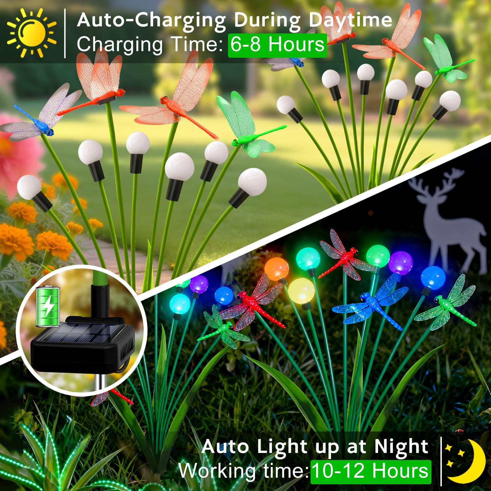 “4 Pack Solar Dragonfly Garden Stakes with 3D Colorful Lights for Outdoor Decor”