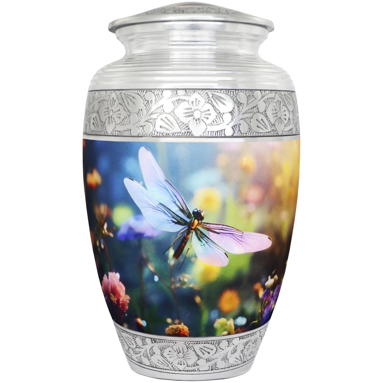 Large Decorative Cremation Urn for Adult Ashes – Floral Dragonfly Design, Burial