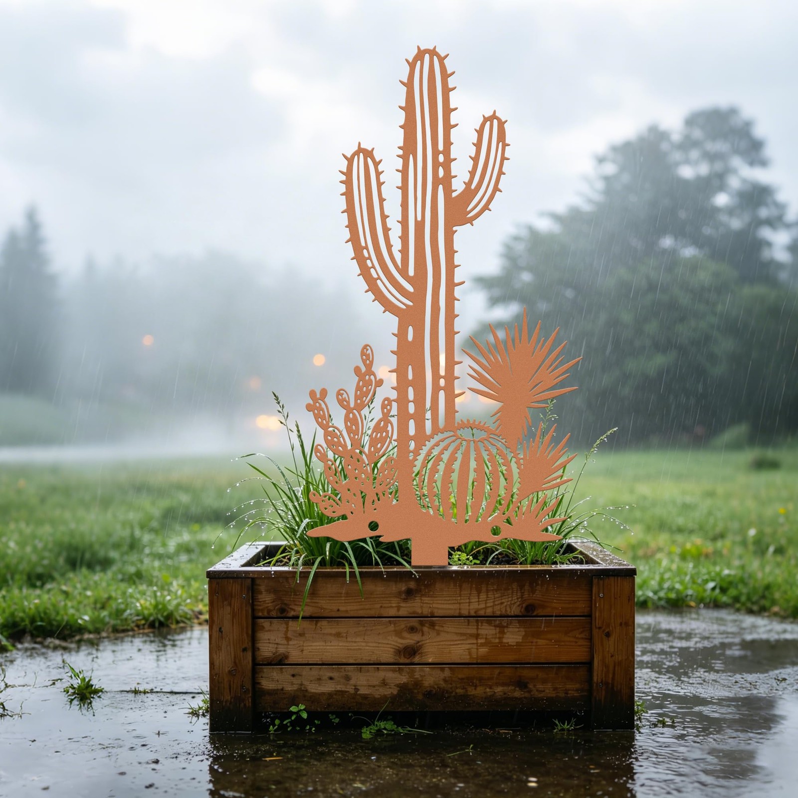 Desert Cactus Metal Garden Stake 2-in-1 Southwestern Yard Patio Wall Decor