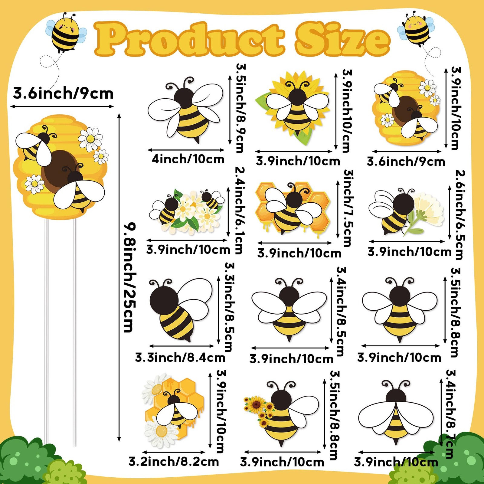 Bee Garden Stake Decor – 12 Pcs Yellow Working Bee Art Stick Floral Picks