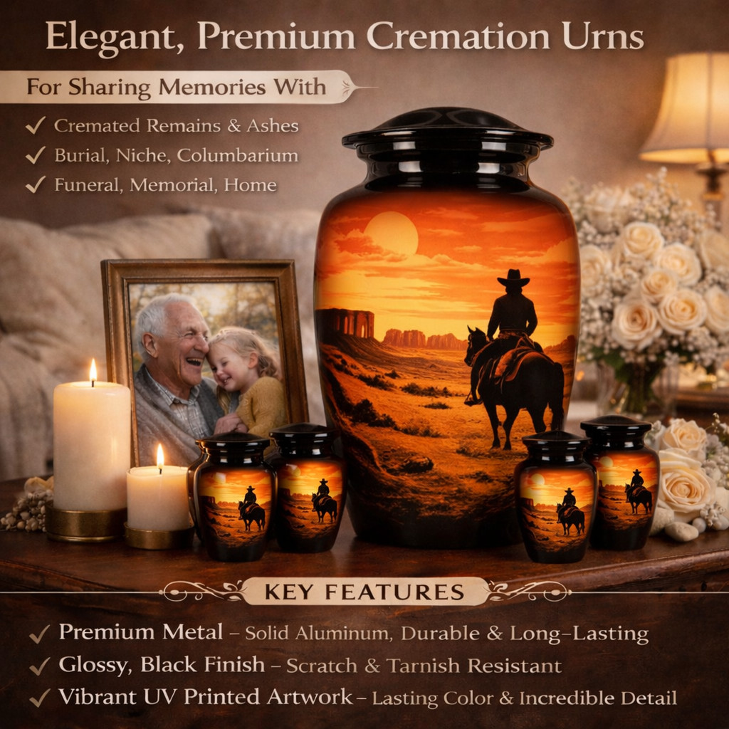 Western Cowboy Sunset Cremation Urn, Desert Landscape Memorial, Aluminum Metal