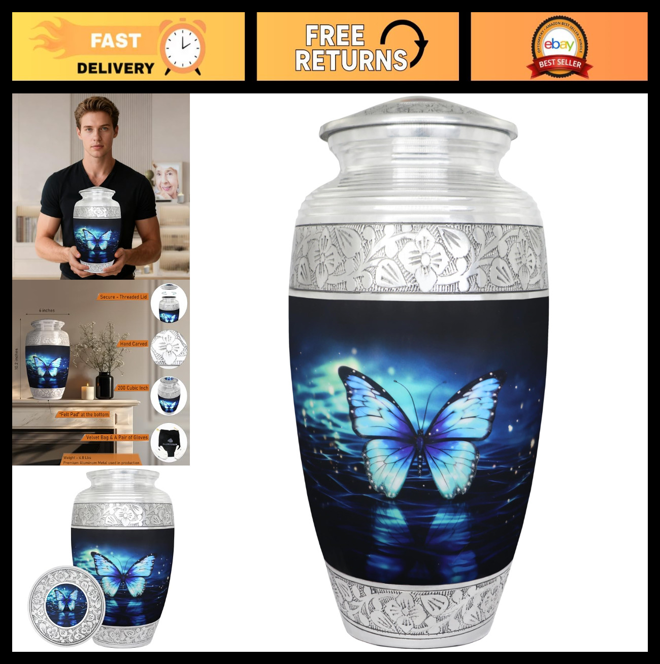 Cremation Urn for Adult Ashes, Decorative Burial Urn with Butterflies, Large Siz