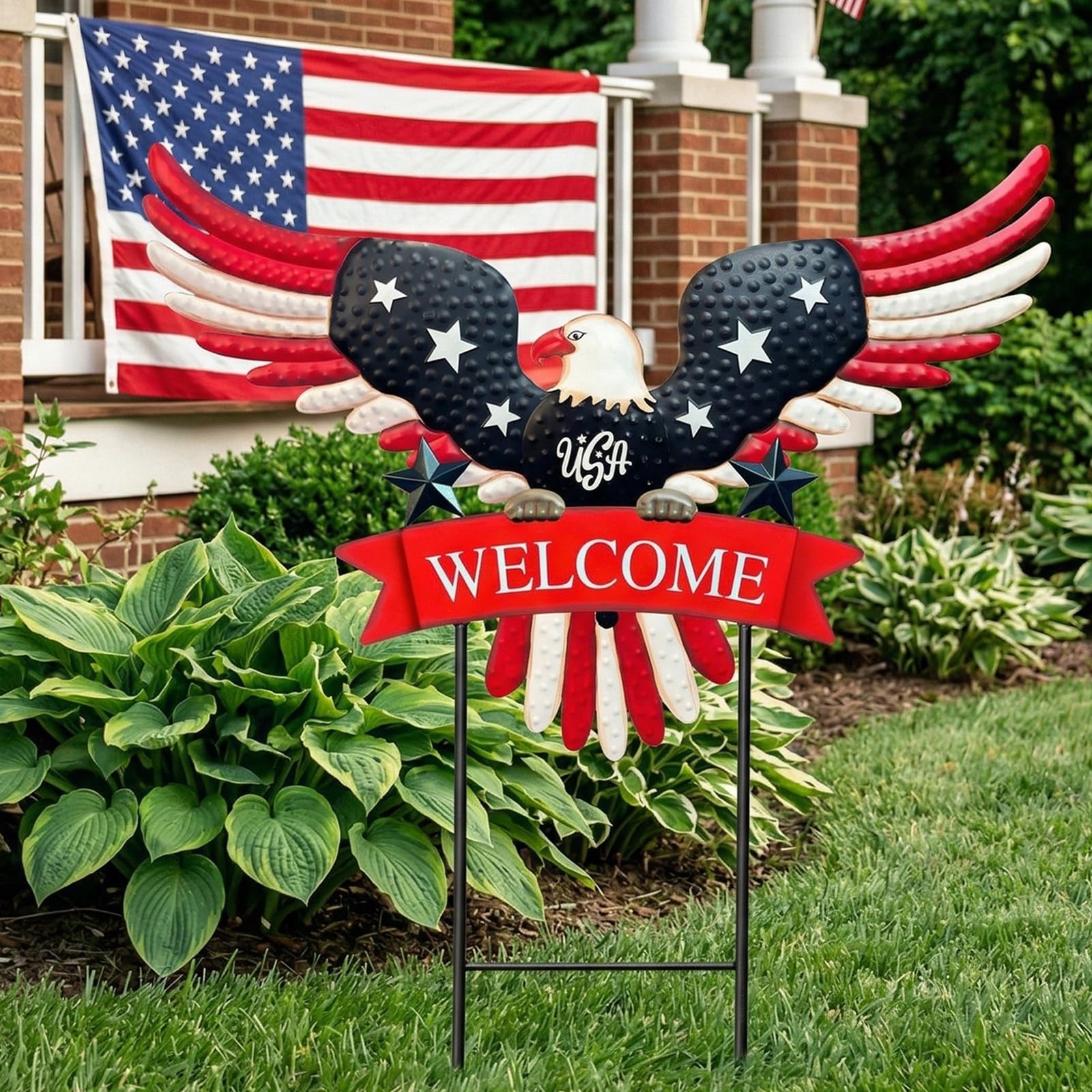 Patriotic Eagle Welcome Garden Stake Metal Red White Blue Yard Art