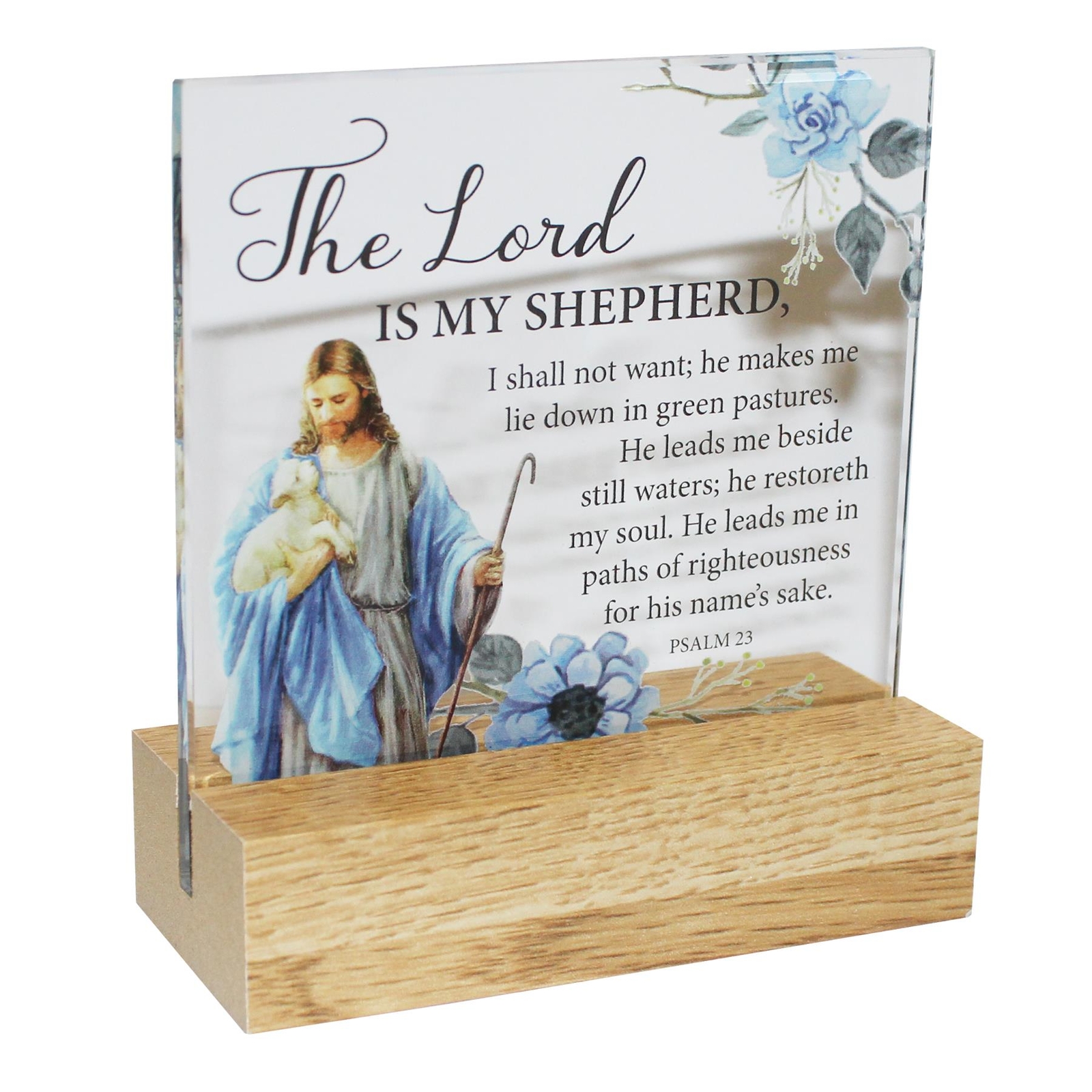 Memorial Glass Plaque on a Wooden Base – The Lord is My Shepherd