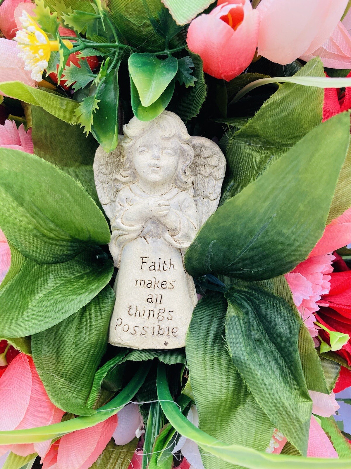 Pink & Red Summer Silk Flowers W/Angel For Cemetery Bevel/grave Marker, Memorial