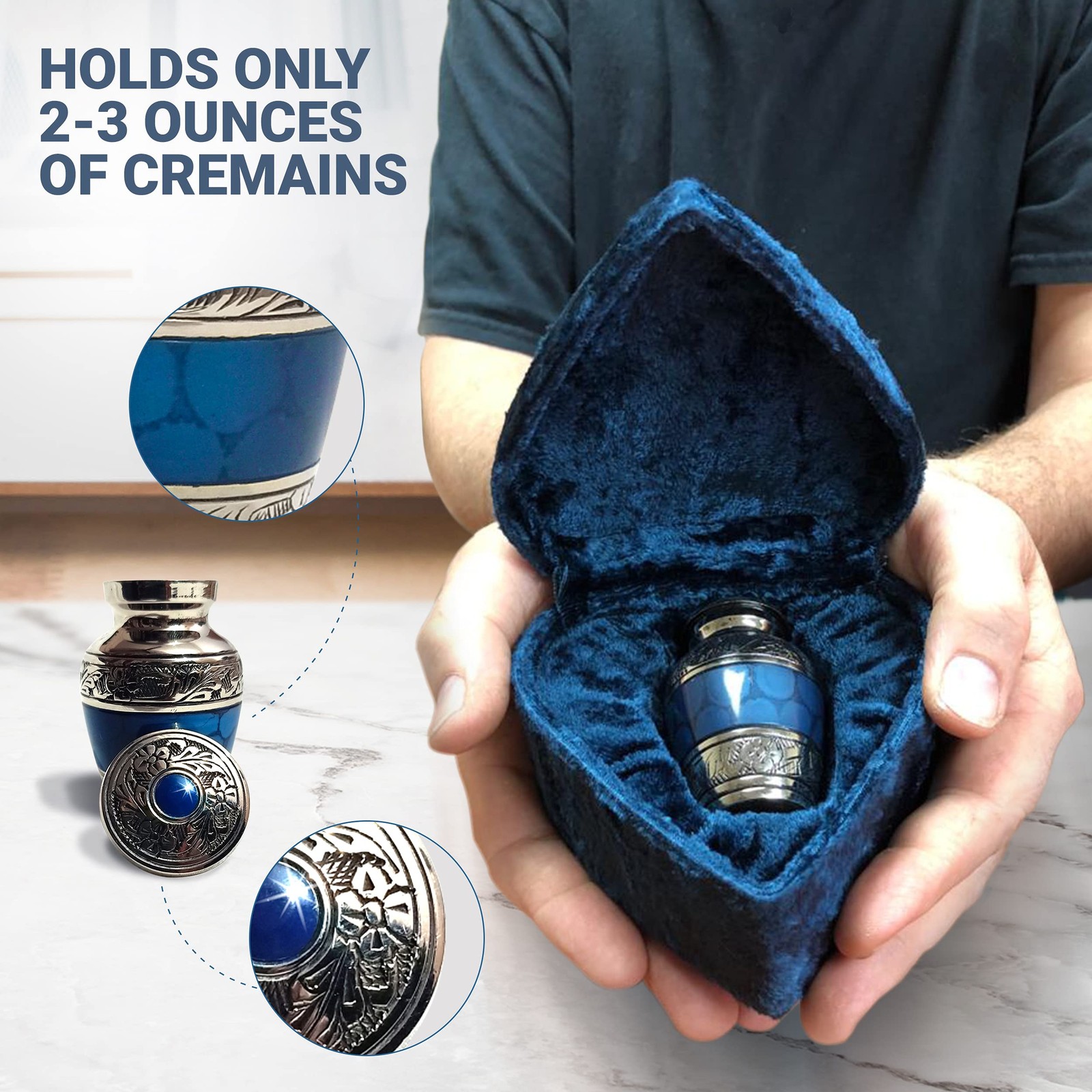 Small Keepsake Cremation Urn 2.75″ Tall Dark Blue Brass – Holds 2-3 tbsp Ashes