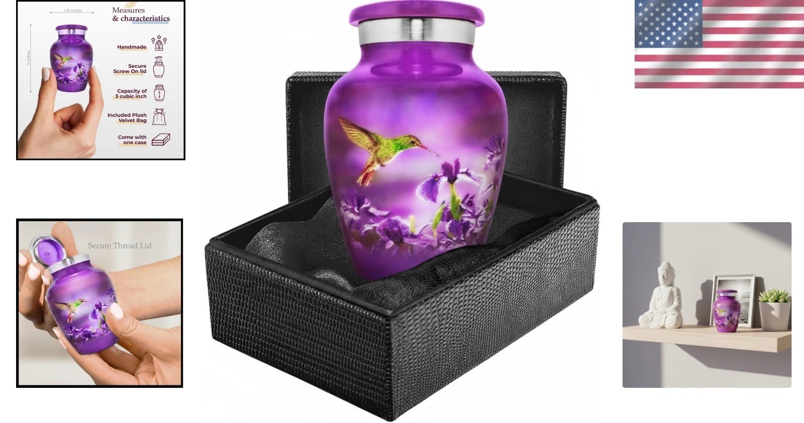 Unique Hummingbird Keepsake Urn – Elegant Small Brass Urn, Velvet Bag Included