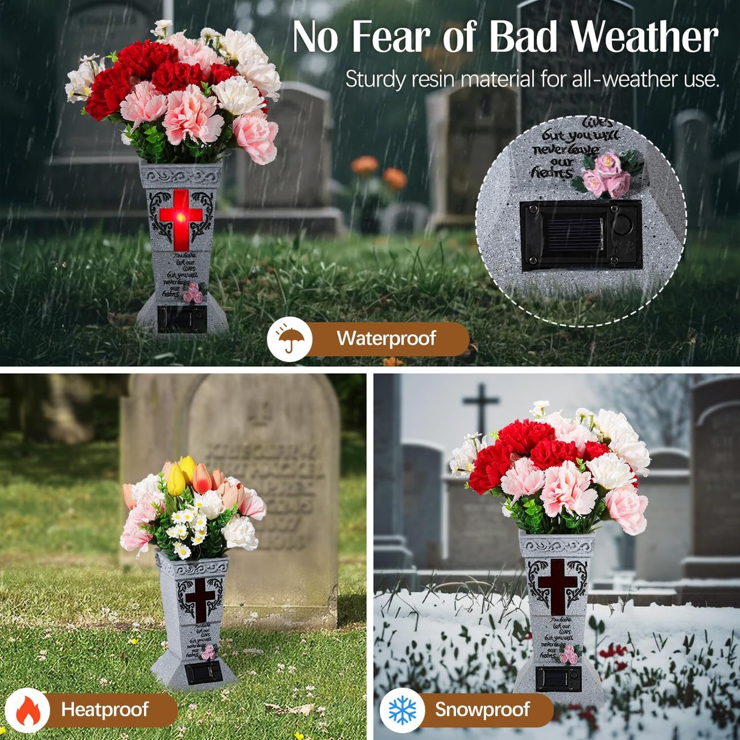 Lewondr Solar Cemetery Vases for Grave, Cross Grave Flower Holder with Solar …