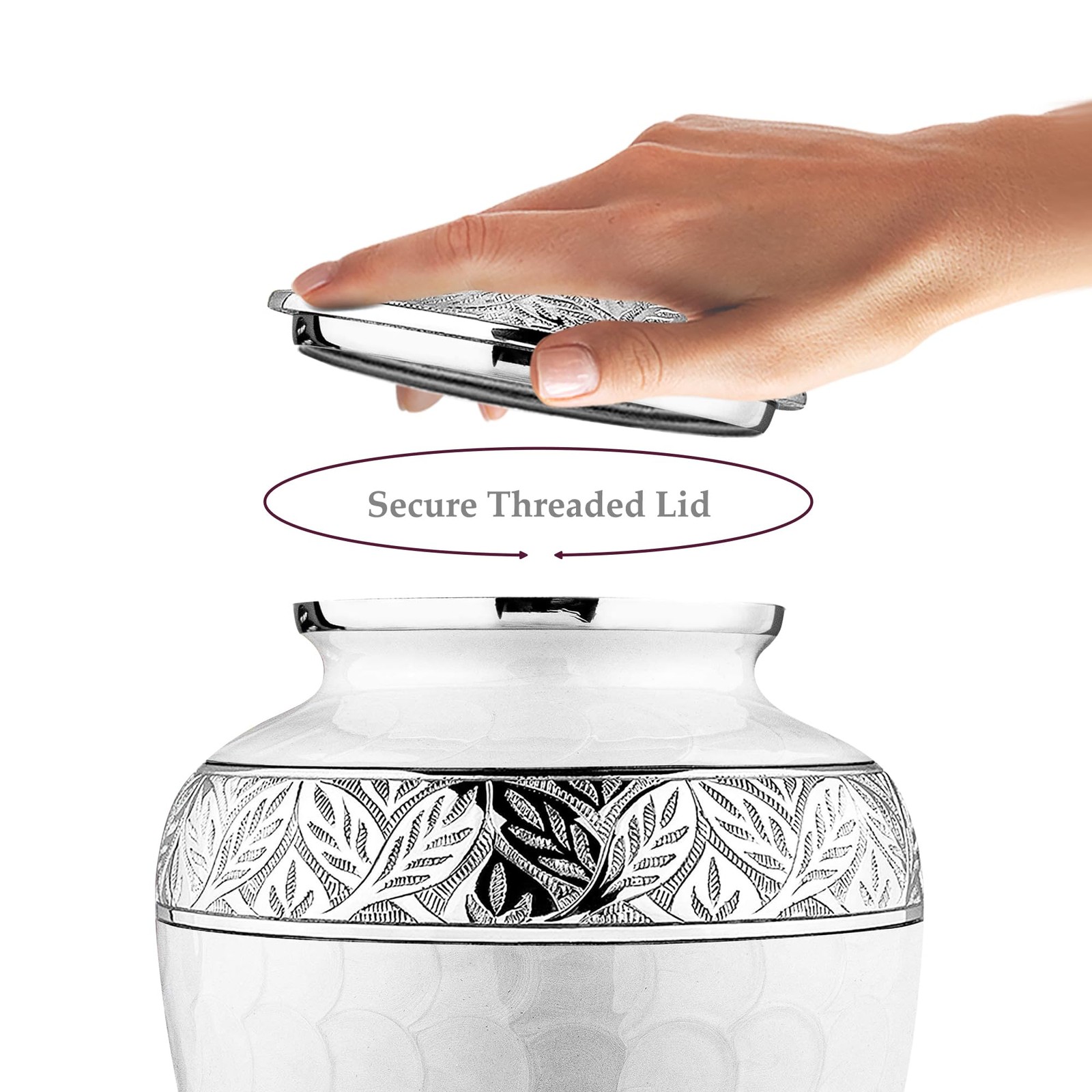 Engraved Mother Of Pearl Funeral Urn For Adult Male Silver Lining White
