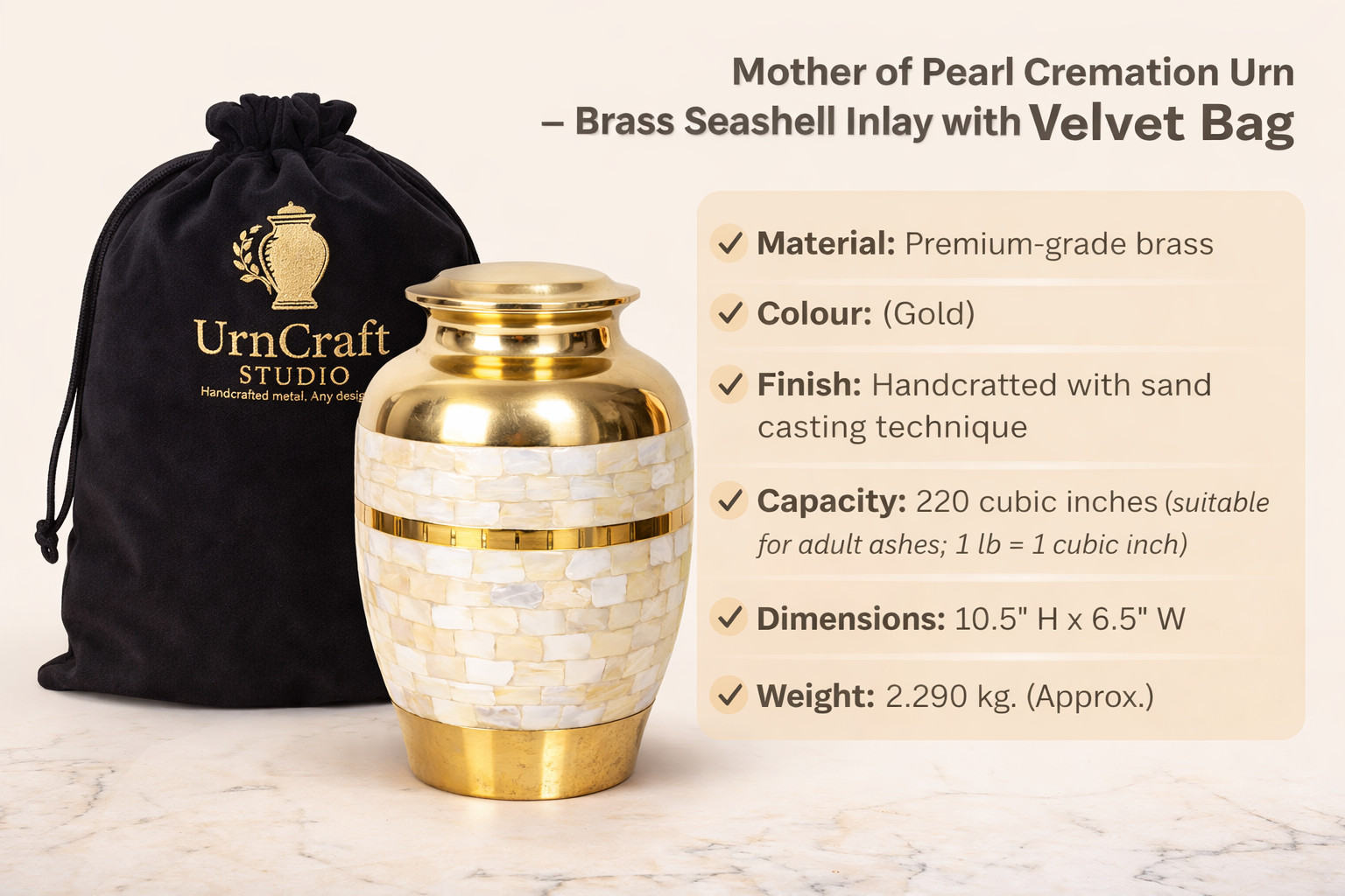 Mother of Pearl Cremation Urn – Brass Seashell Inlay with Velvet Bag