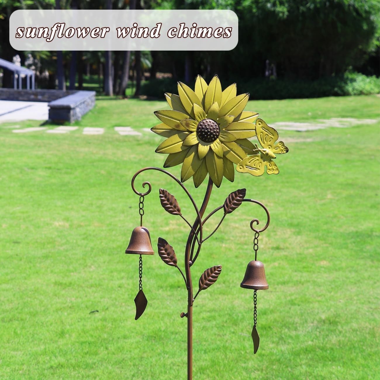 Sunflower Garden Stake with Bells, Decorative Garden Stakes for Garden Yard P…