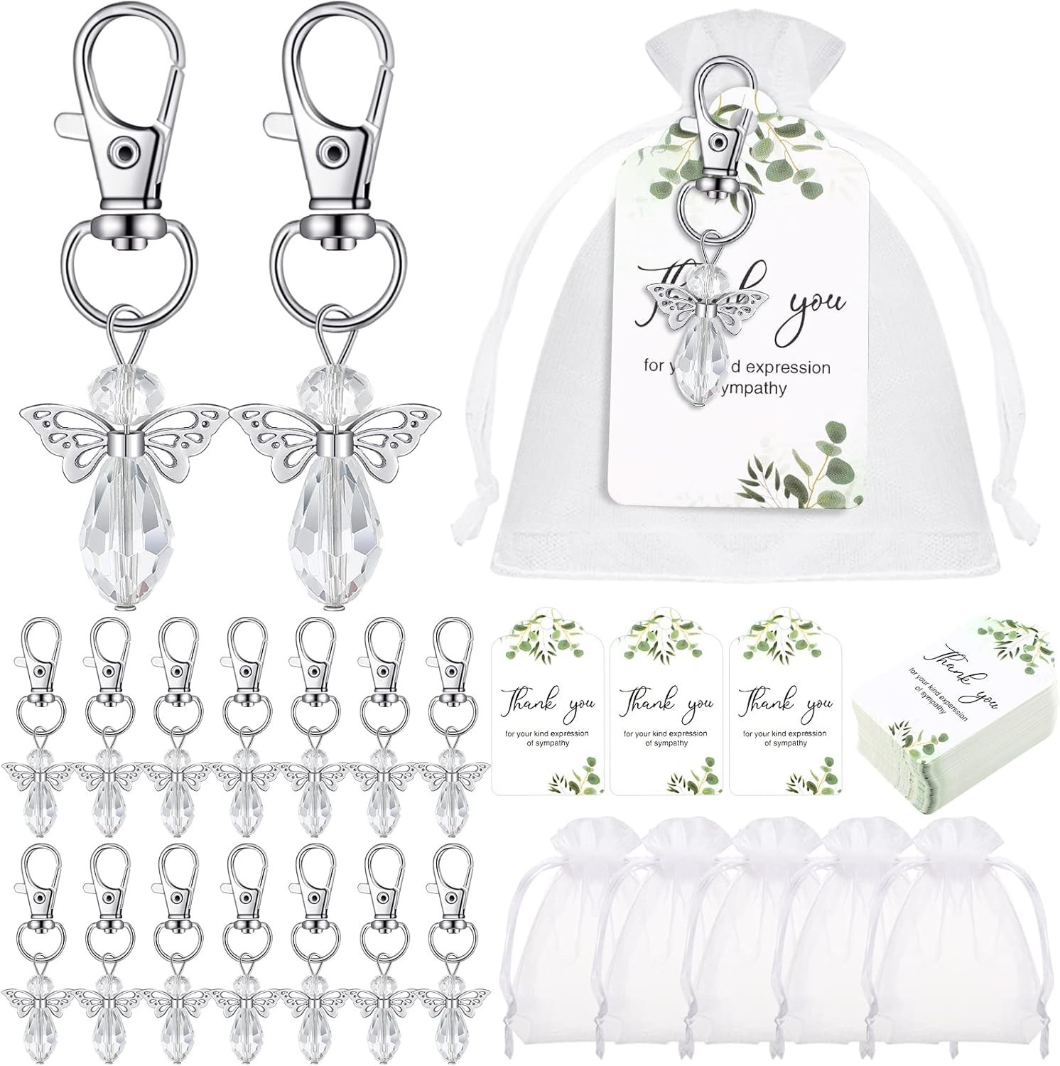 60 Sets Memorial Favors with Angel Keychains, Thank You Tags & Organza Bags