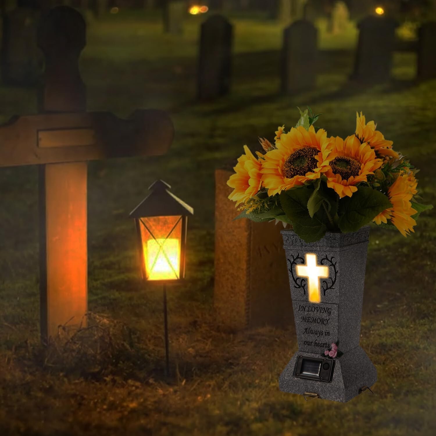 Cemetery Grave Vase with Solar Cross LED, Cemetery Decorations for Grave, Hea…