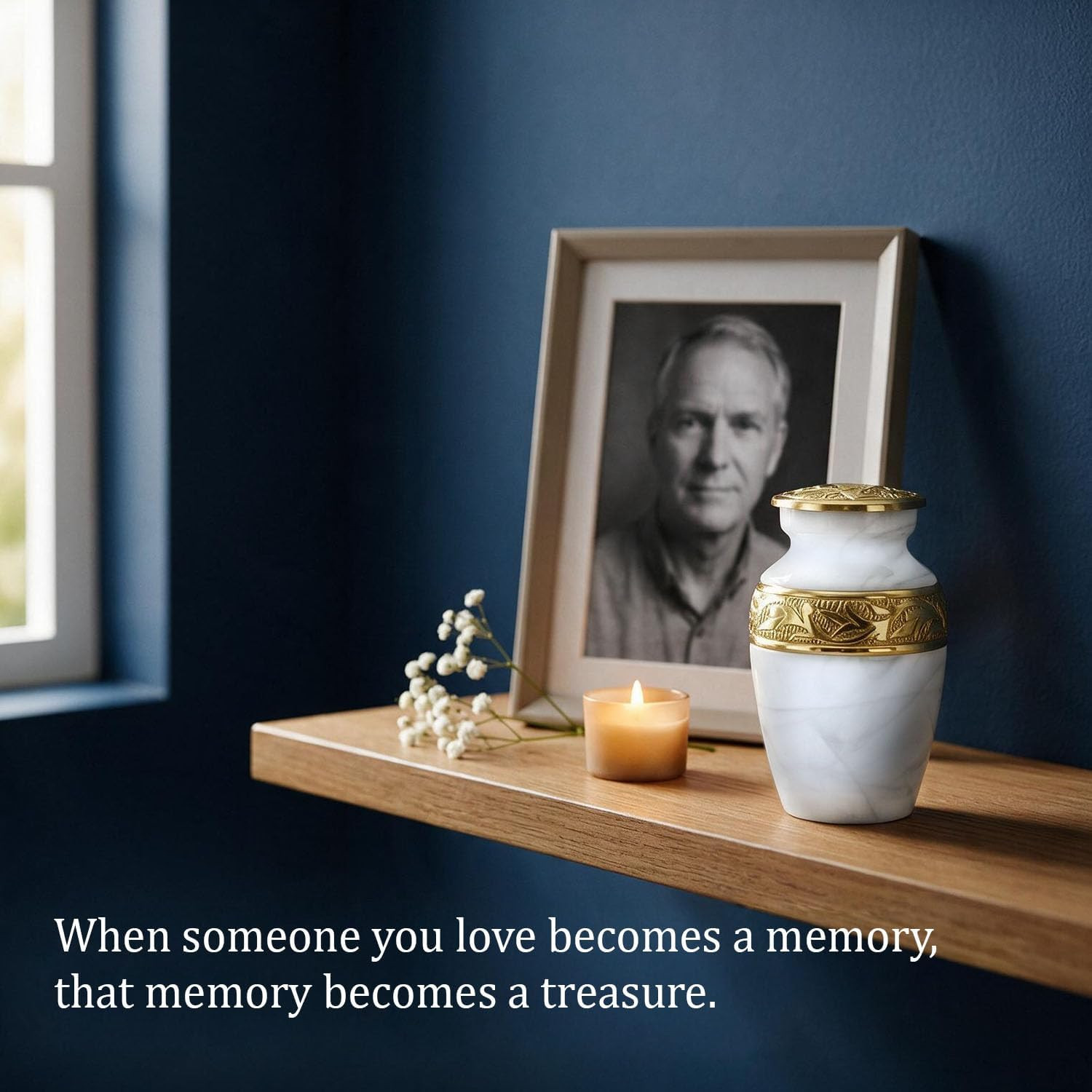 Small Urns for Human Ashes Keepsake – Handcrafted White Memorial Urn with Brass