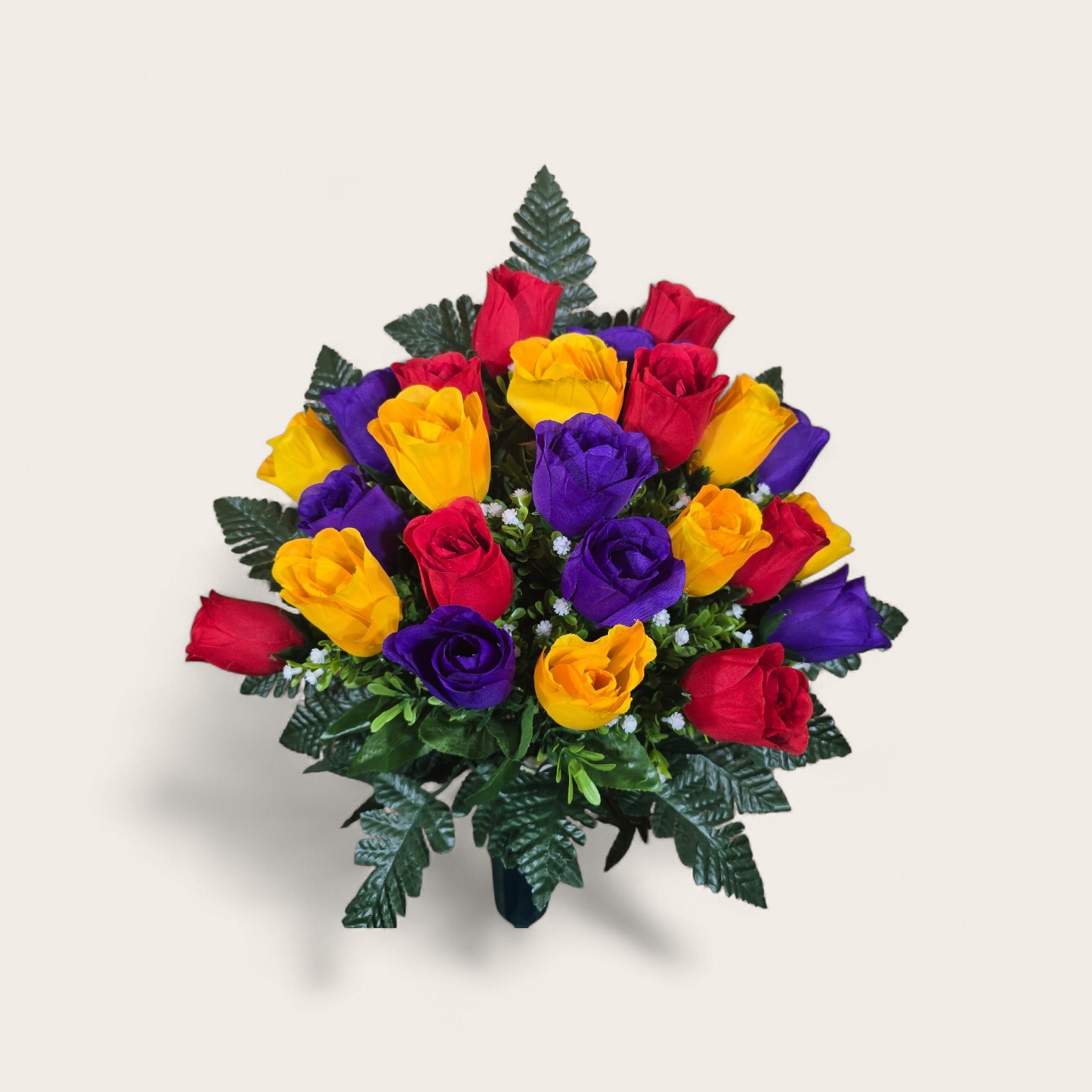 Red, Yellow, and Purple Rosebud Memorial Vase Arrangement with Baby’s breath