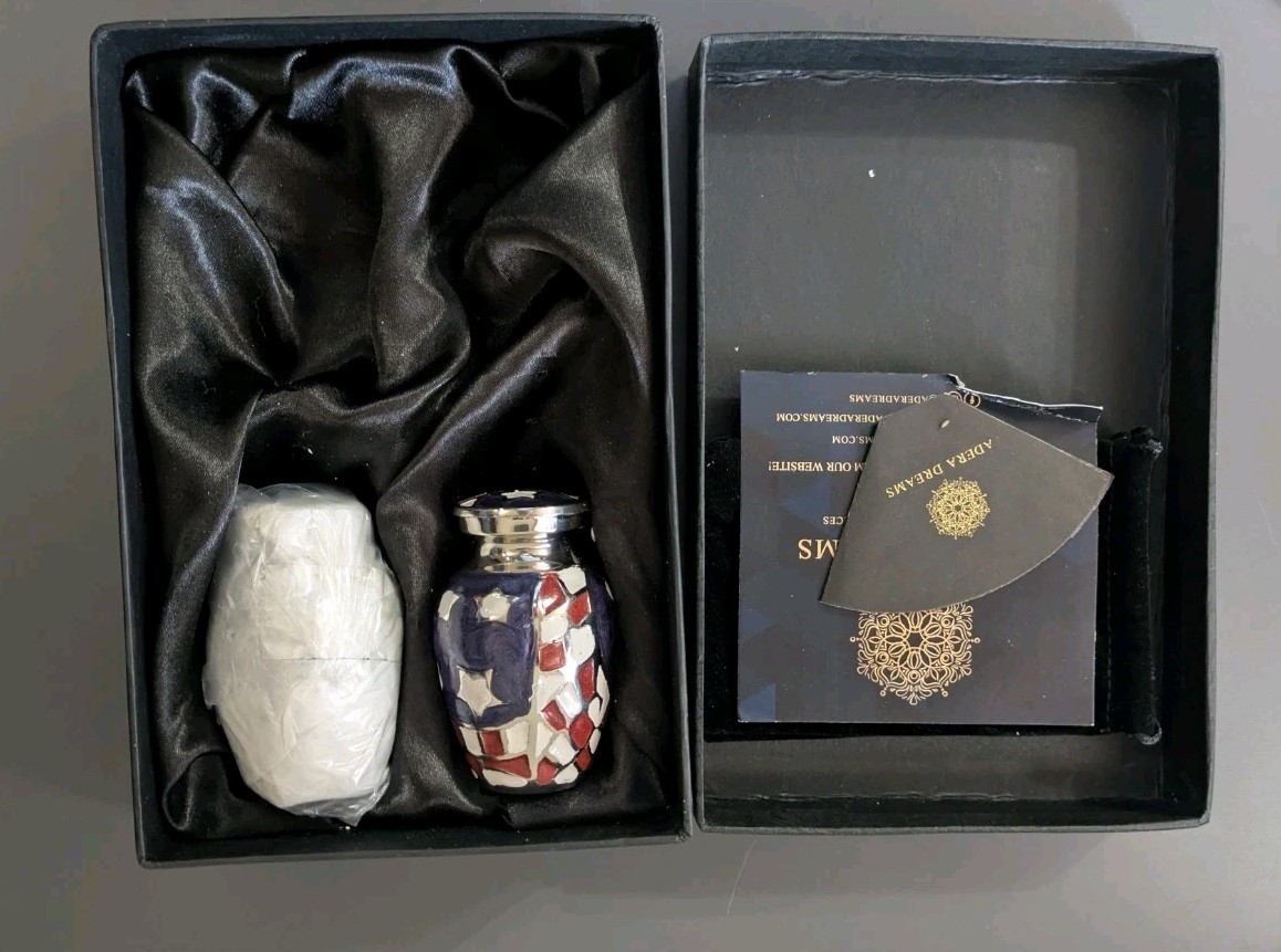 American Flag Mini Small Urn Military Series Mosaic USA Brass Cremation Set Two