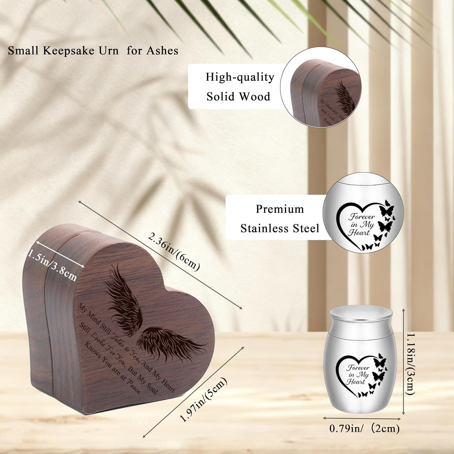 Small Urns for Ashes Heart Shaped Wooden Keepsake Box with Angel Wing Mini Crema