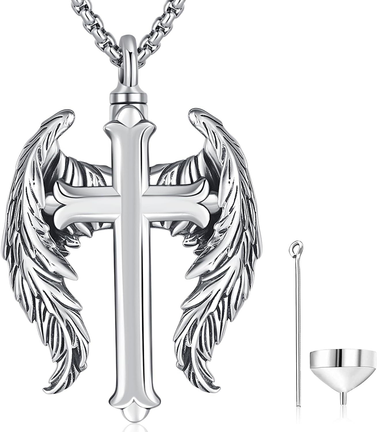 Cross Angel Wings Cremation Urn Necklace for Ashes for Men Women Sterling Silver