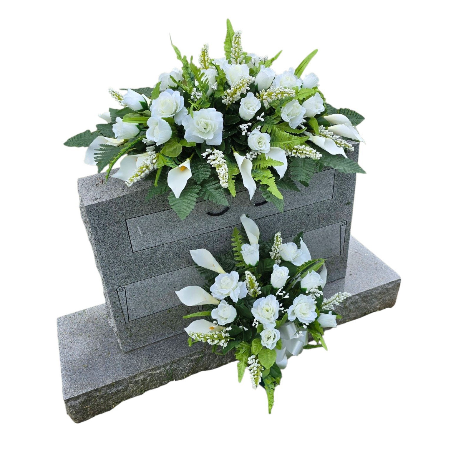 Cream Calla Lily and Rose Headstone Saddle and Cemetery Cone