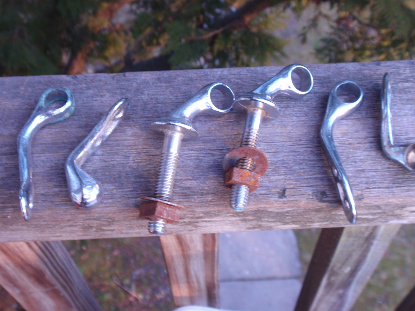 LOT OF 6 VINTAGE STAILESS STEEL / CHROME MEDICAL HANDLES , CLAMPS FUNERAL HOME