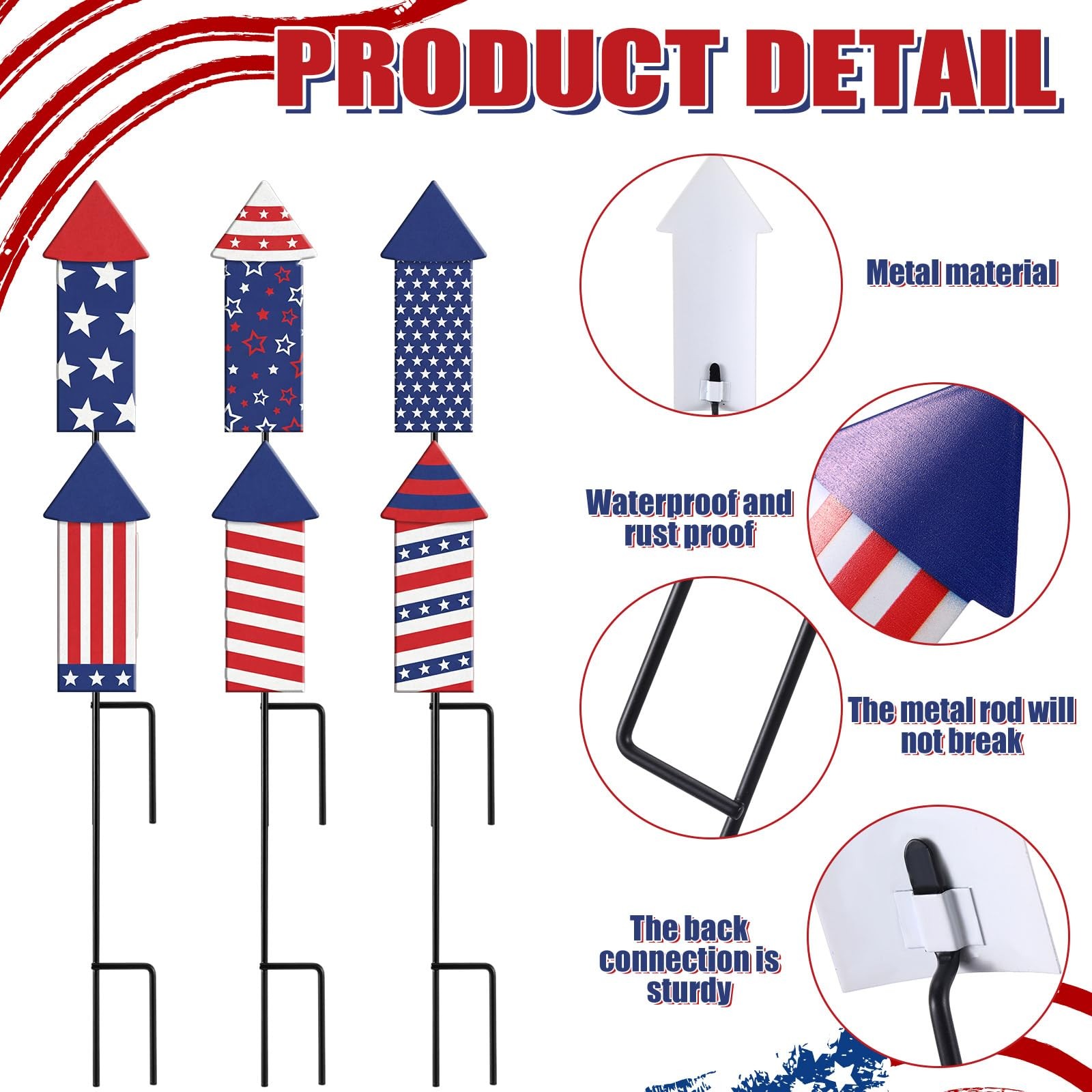6 Pcs 3D 4th of July Metal Firework Plant Stakes 12.8 Inch Patriotic Firework…