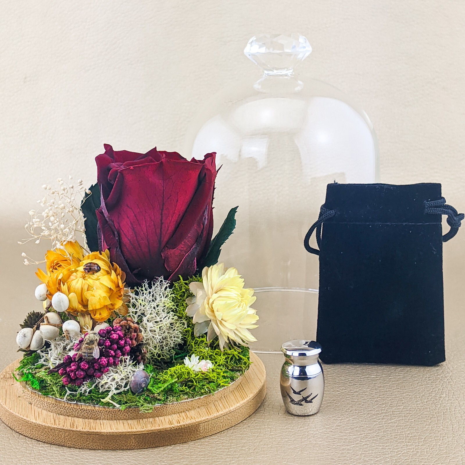 Rose & Silver Urn Memorial Display Glass Dome Altar Mourning Sympathy gift red