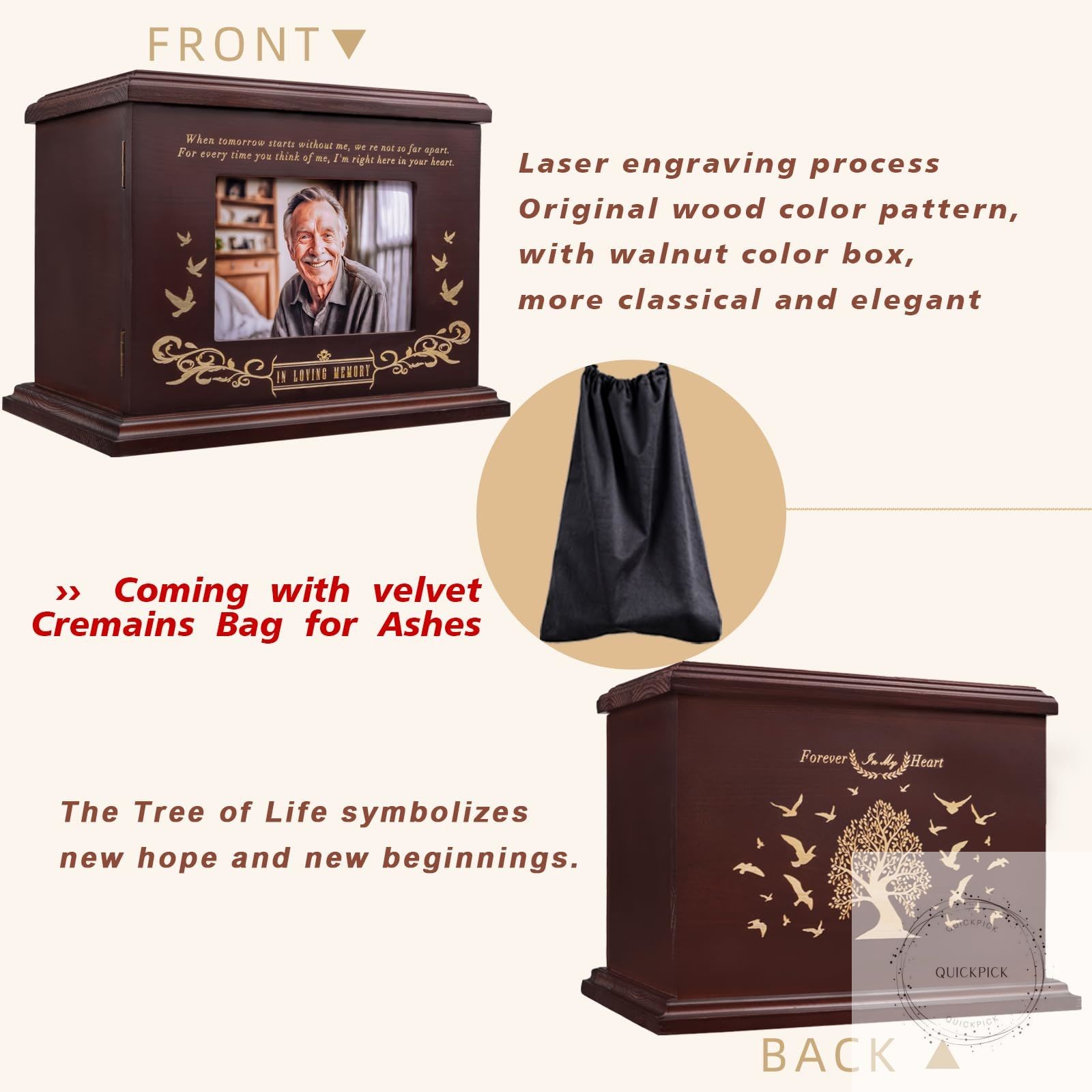 Cremation Urns for Human Ashes, Wooden Urn for Ashes Adult Male Female, Wooden