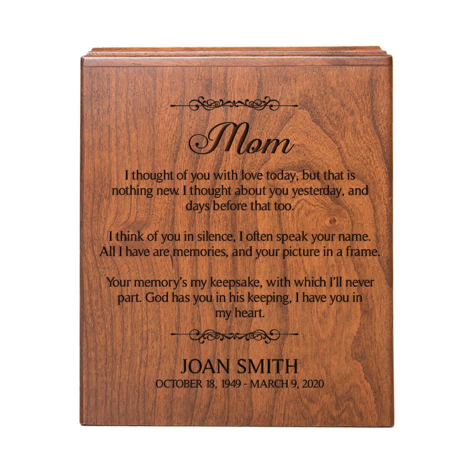 Custom Wooden Economy Urn Box holds 280 cu in of Human Ashes 7.75×5.75×9.5 -Mom