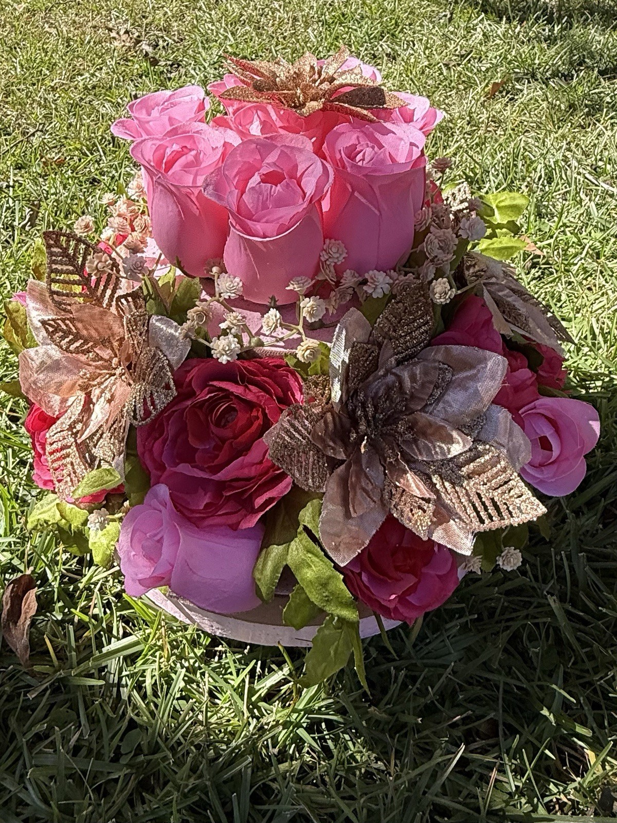 Cemetery Memorial Cake Silk Flower Arrangement Pink & Gold