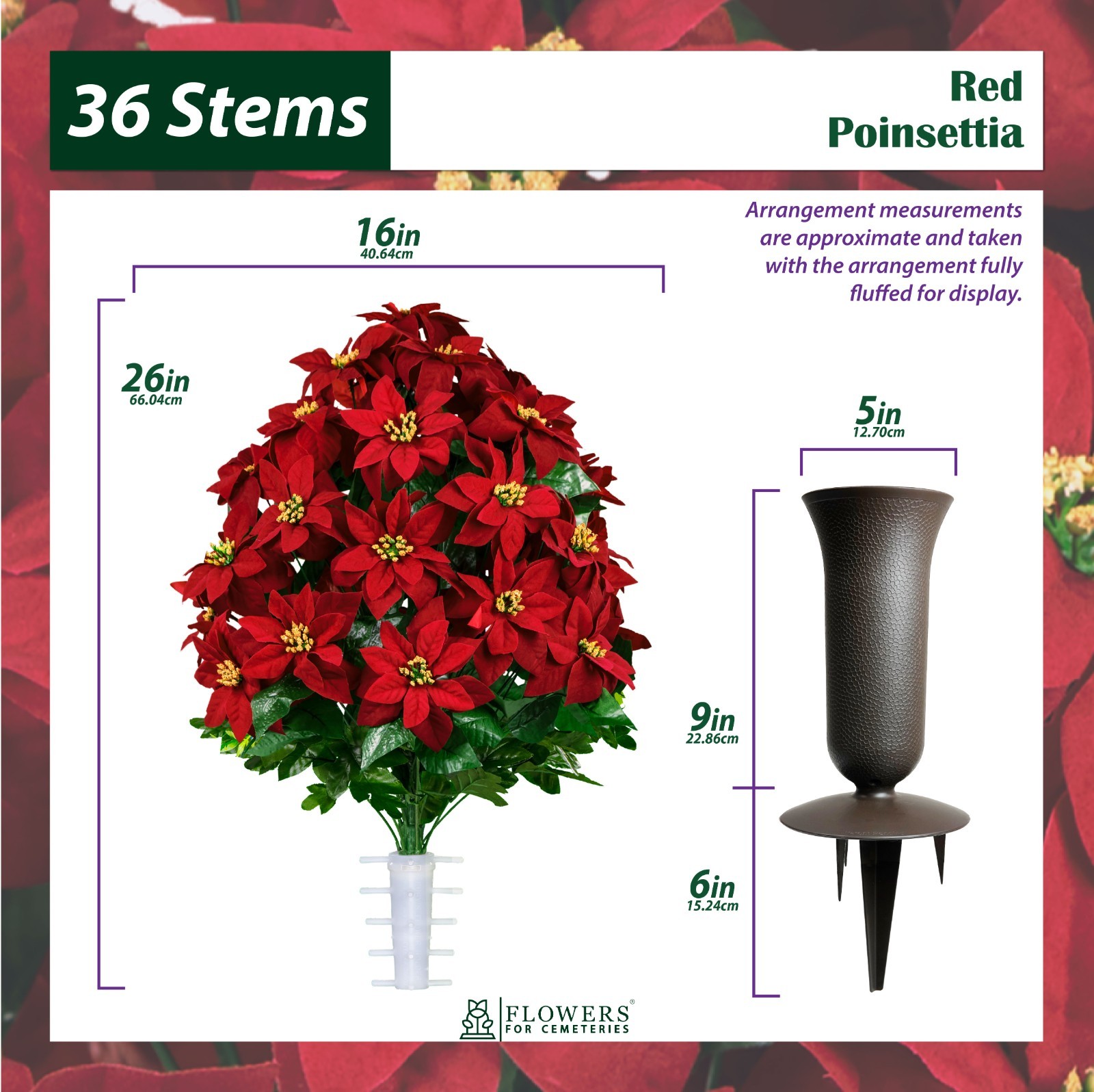 Artificial Gravesite Flowers – Red Poinsettia Bouquet and Vase