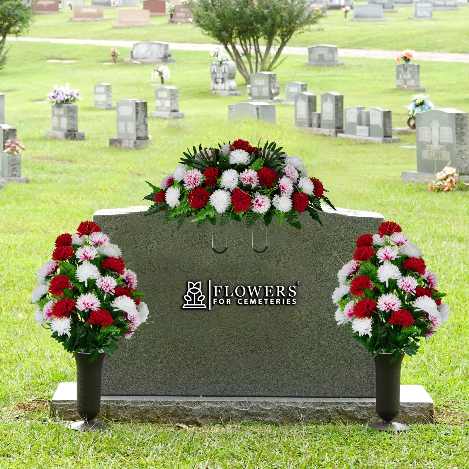 Artificial Cemetery Flowers – 2 Red & White Mums Bouquets, Saddle, and 2 Vases