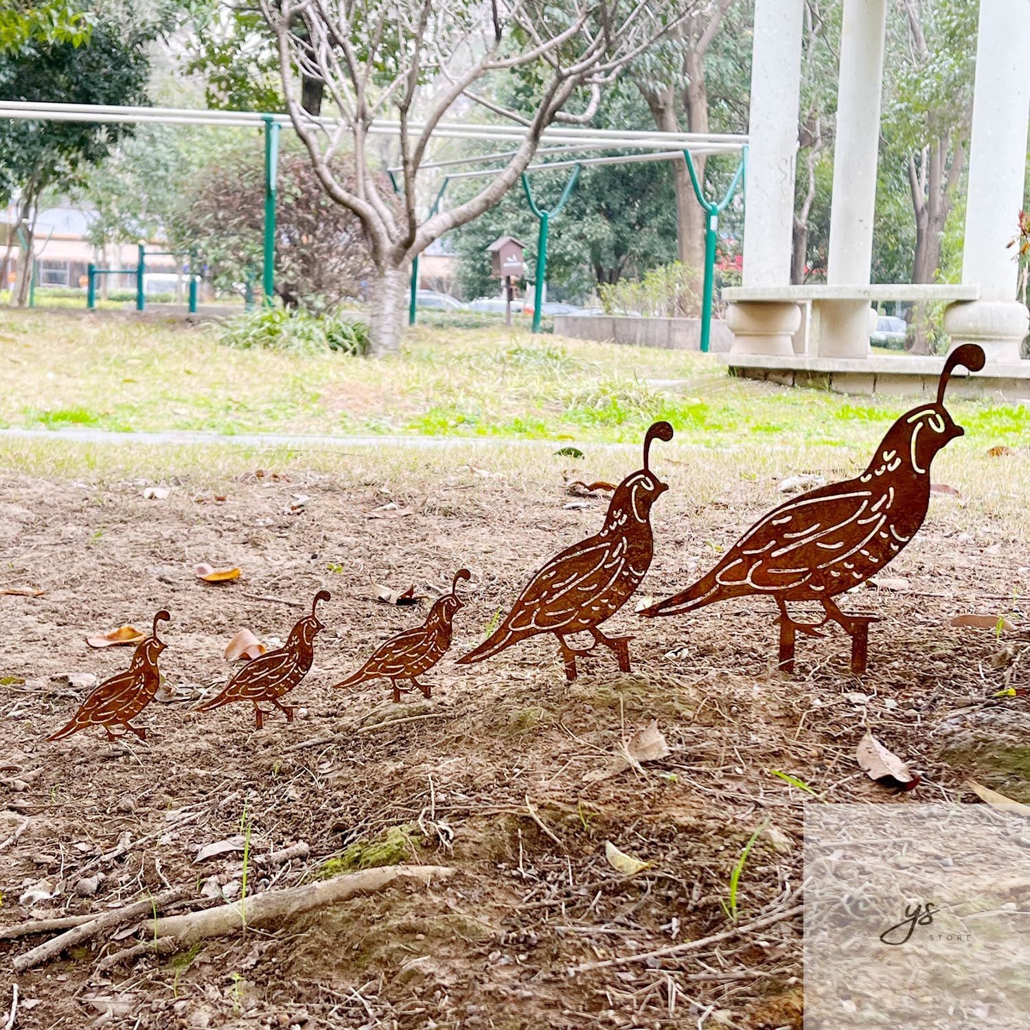 5PCS Rusty Quail Family Decorative Garden Stakes, Metal Birds Yard Decor, Bird