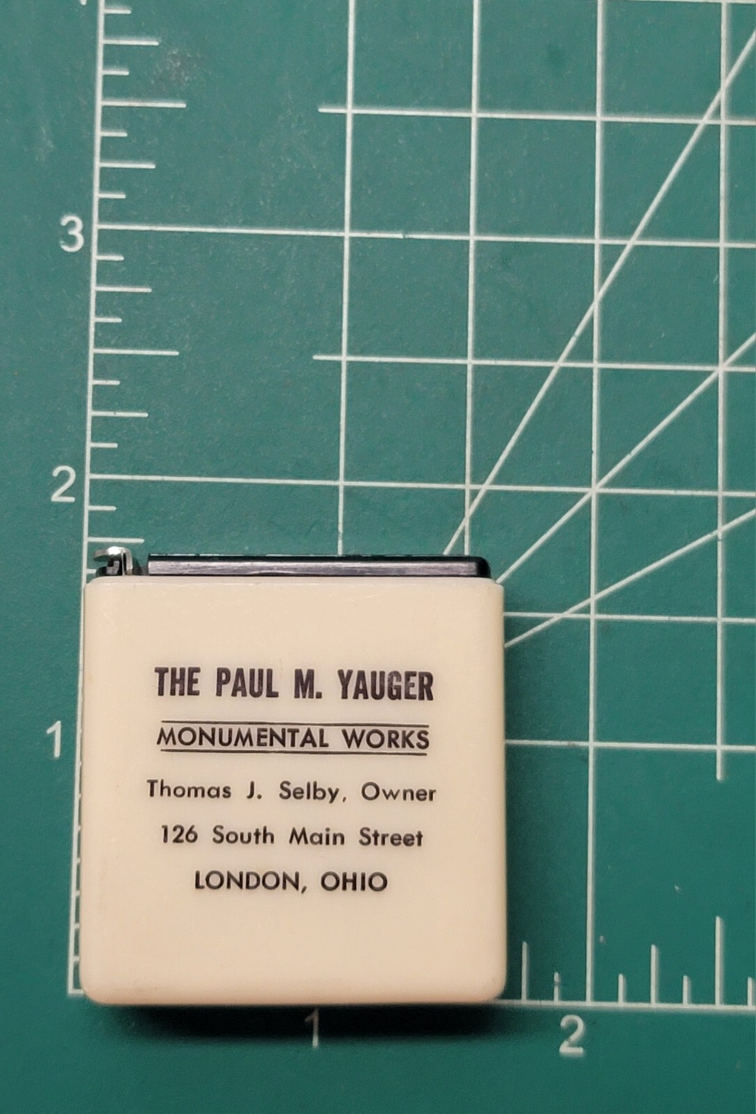 VTG THE PAUL M. YAUGER MONUMENTAL WORKS LONDON OHIO THOMAS J. SELBY TAPE MEASURE