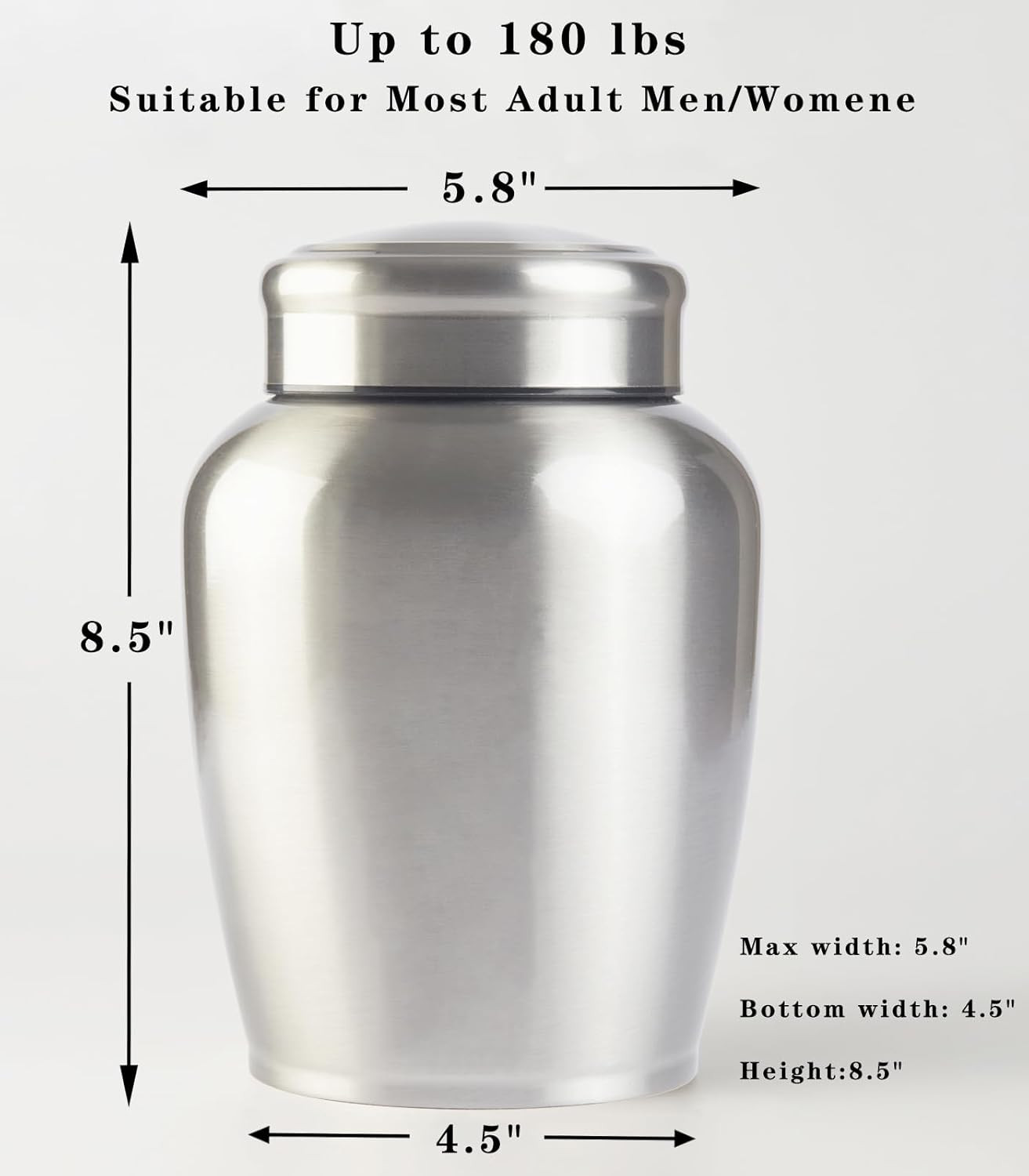 Large Stainless Steel Silver Urn for Ashes Adult Male & Female Cremation Urn for