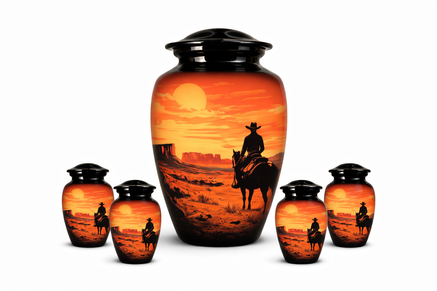 Western Cowboy Sunset Cremation Urn, Desert Landscape Memorial, Aluminum Metal