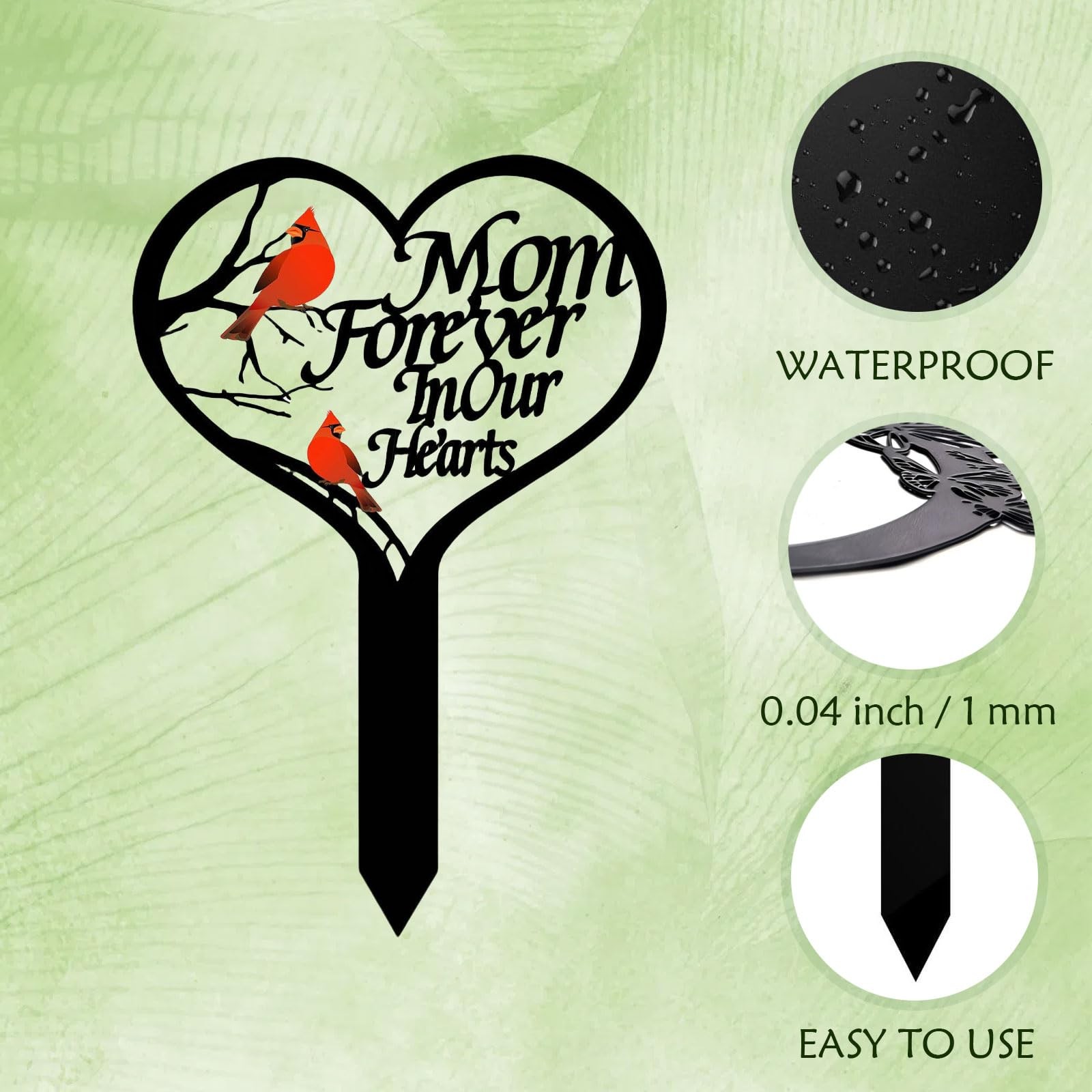 Memorial Stake for Mom – Metal Heart Grave Marker with Red Cardinals, Memoria…