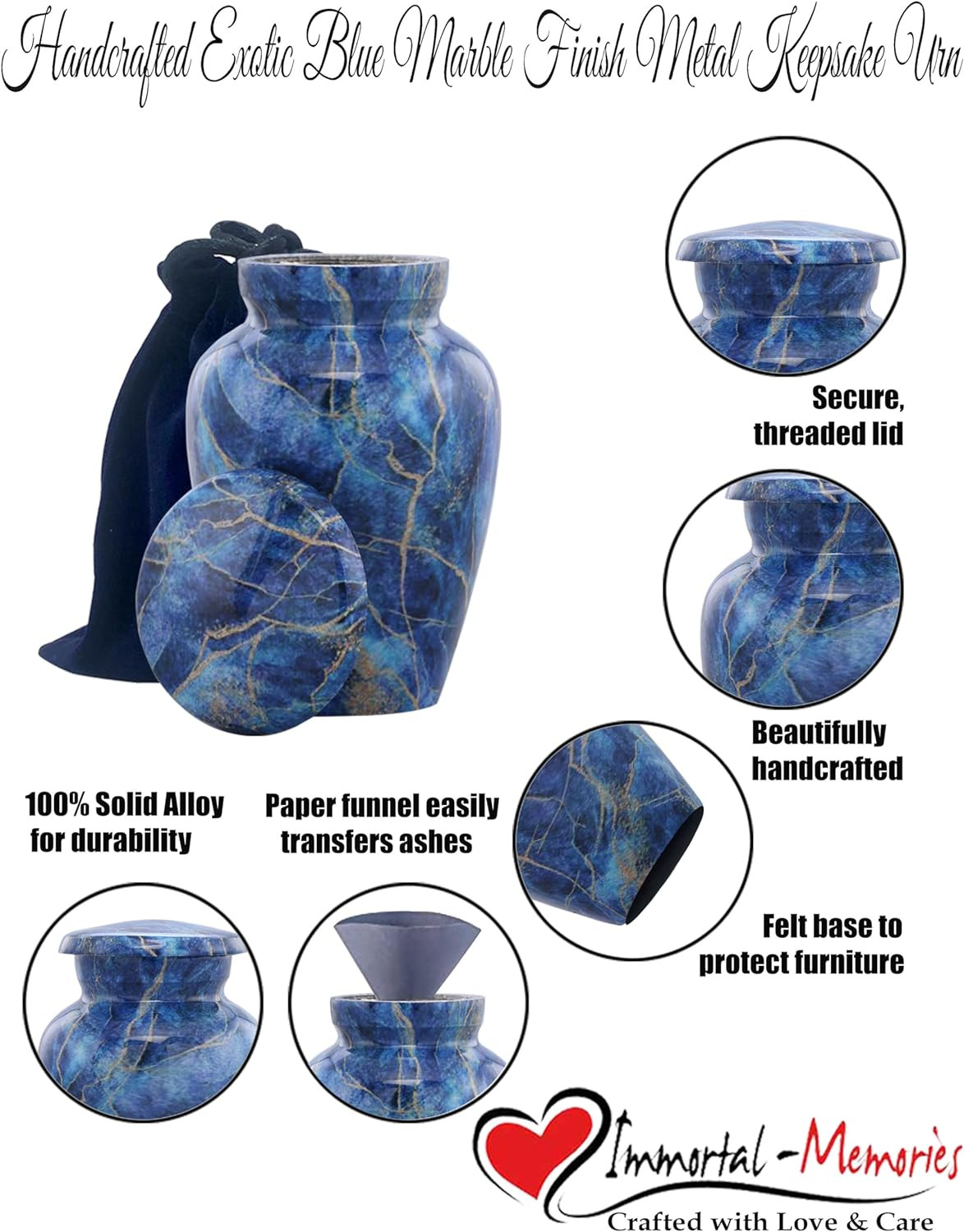 Marble Finish Keepsake Sharing Urn – Mini Metal Cremation Urn for Human or Pet A