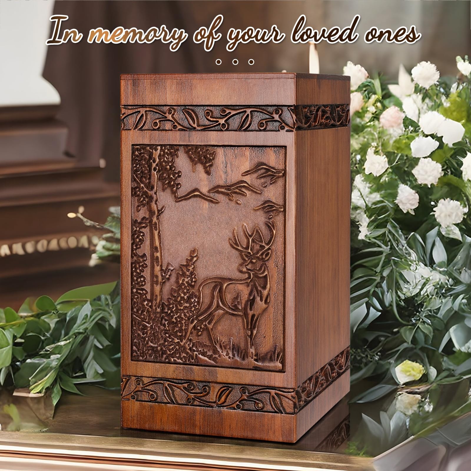 Wooden Cremation Urn for Human Wood Ashes Engraved Deer Decorative Funeral Ur…