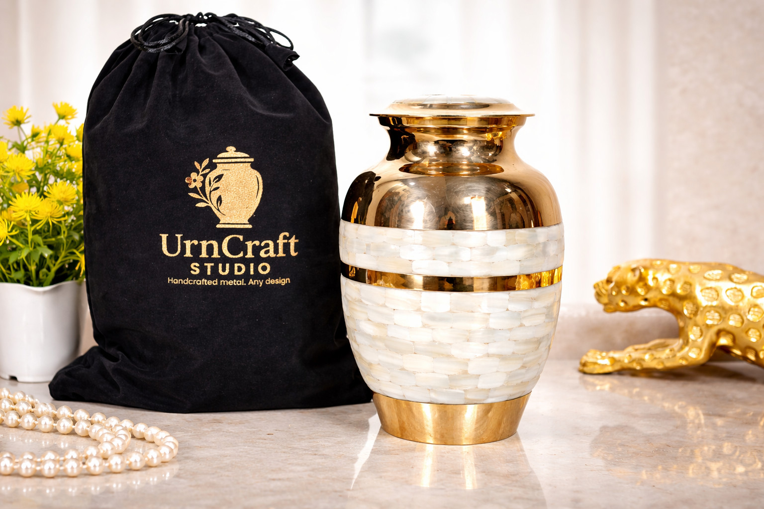 Mother of Pearl Cremation Urn – Brass Seashell Inlay with Velvet Bag