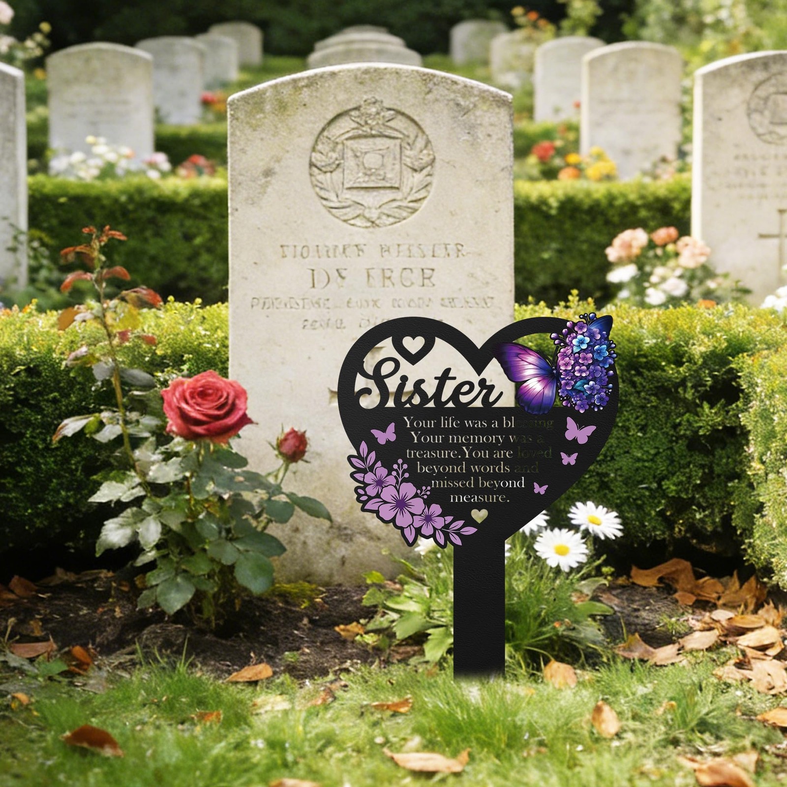HeartShaped Sister Memorial Marker with Butterfly Design for Gravesite Decor