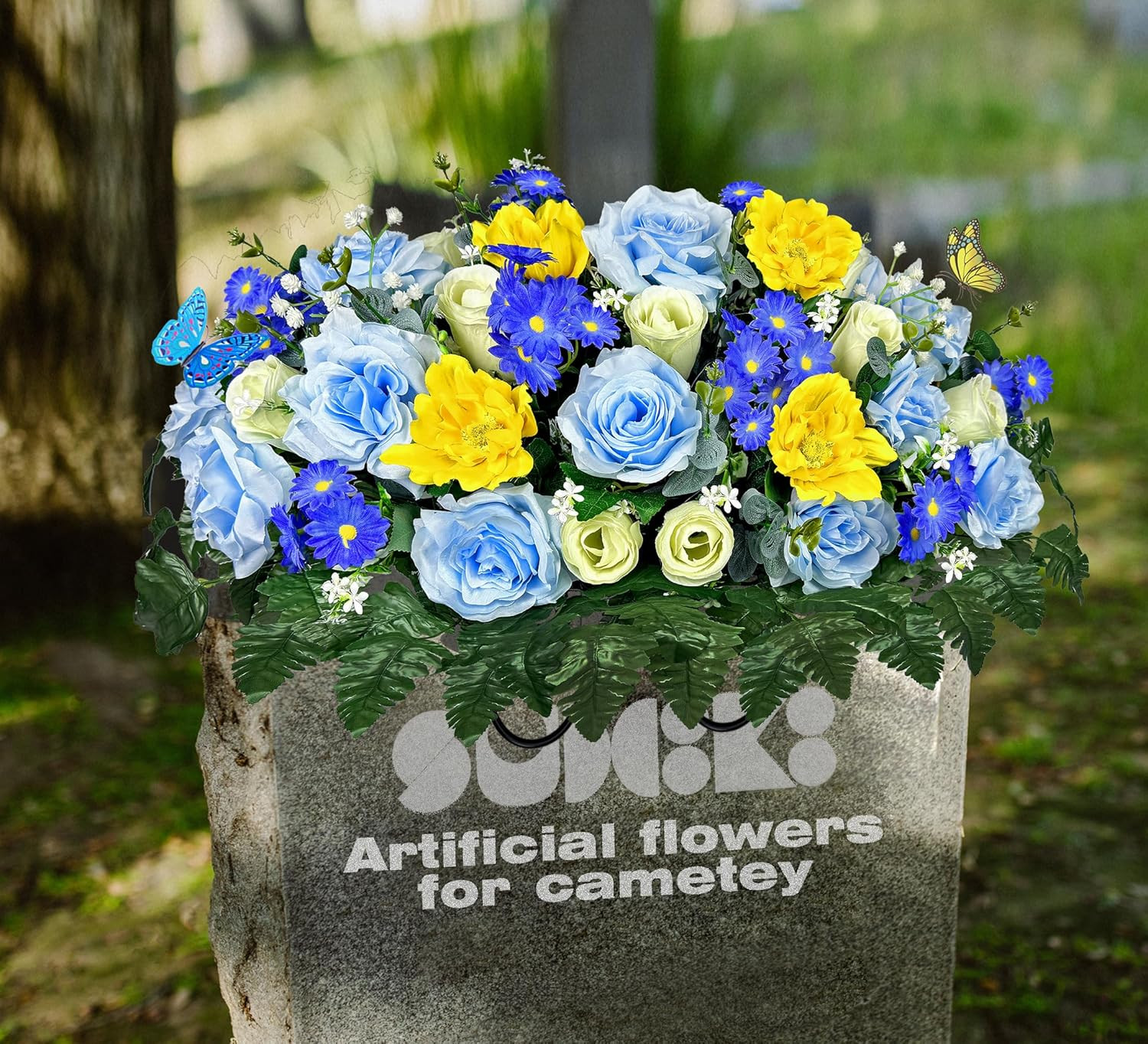 Silk Flower Saddle for Grave Decor – Blue & White Memorial Bouquet