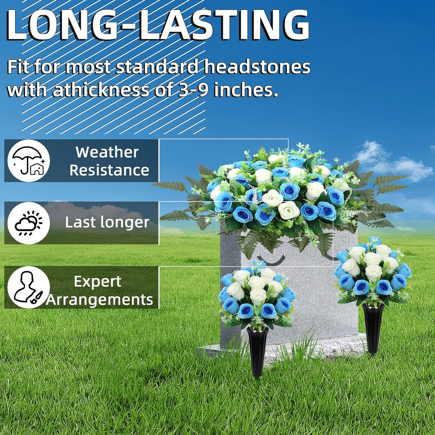 Realistic Large Cemetery Flowers for Grave Memorial – 3Pcs Blue White Set