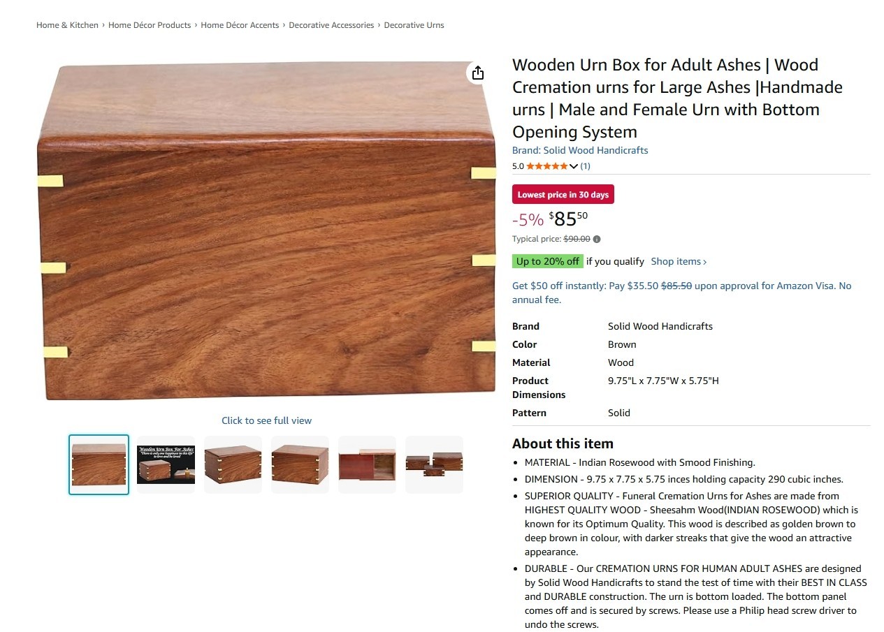 Wooden Cremation Urn Box Adult Ashes Handmade Solid Wood Memorial Box- OB