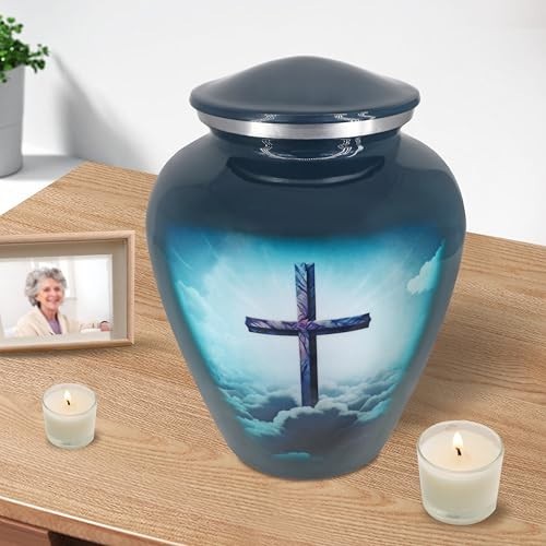 Cremation Urns for Human Ashes – Large Decorative Burial Urn with Religious Cros