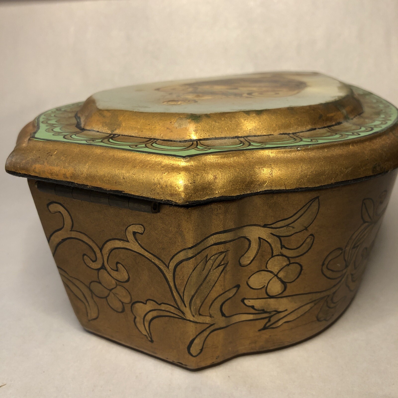Vintage Oriental Hand Painted Gold Wooden Urn Box Cremation Fits 9x5x3” Inside