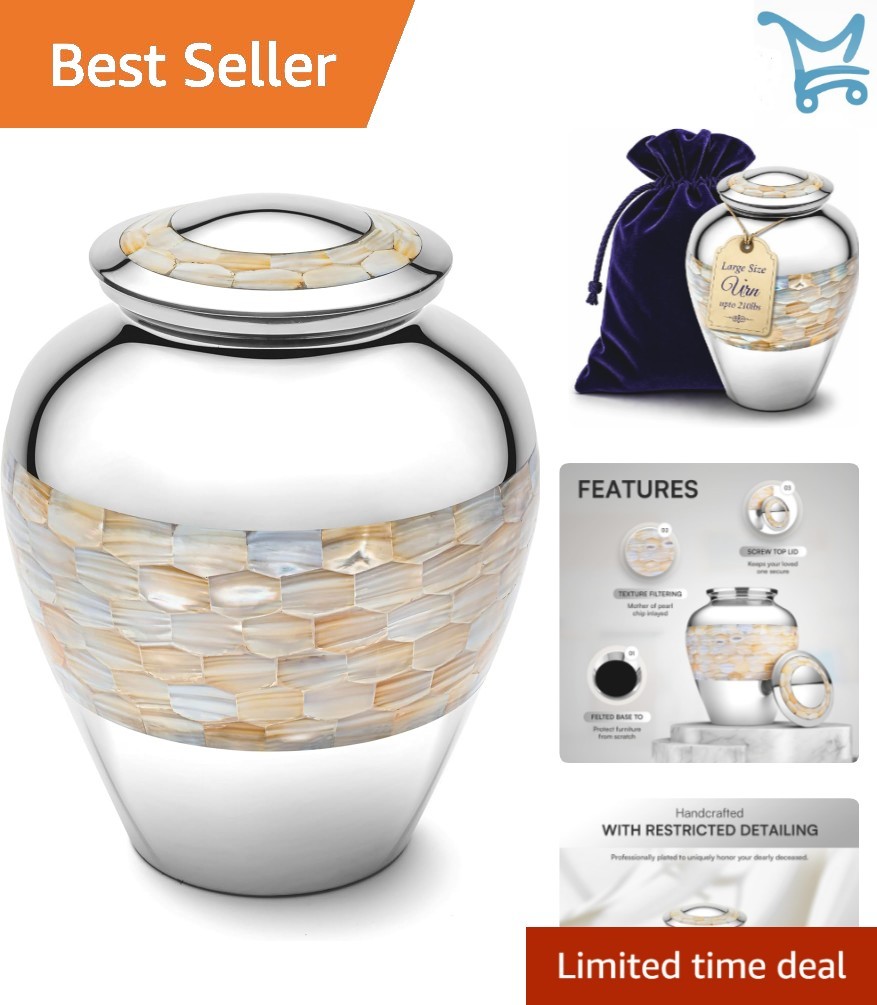 Brass Mother of Pearl Urn Large Silver Cremation Memorial for Adult Ashes