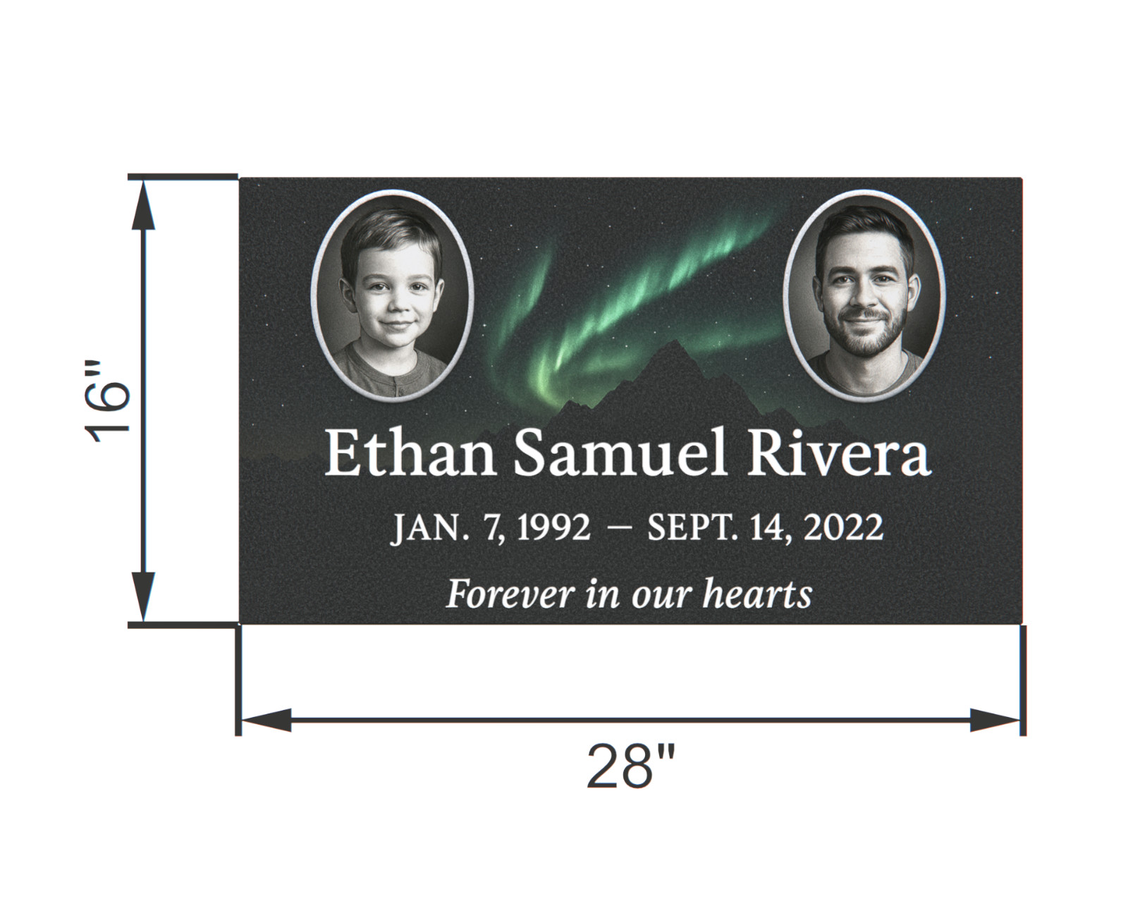 Custom Black Granite Headstone 28x16x4 – Engraved Aurora “Forever in Our Hearts”
