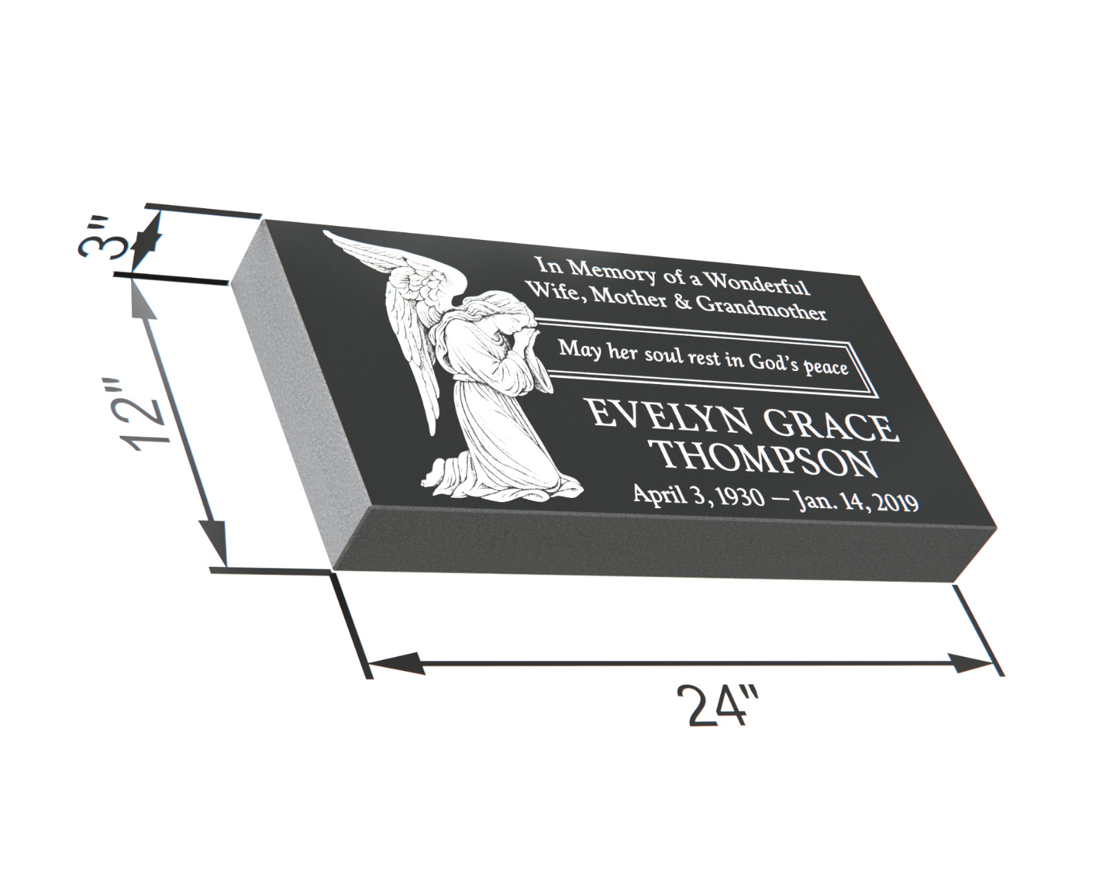 Custom Engraved Black Granite Headstone 24x12x3 – Flat Grave Marker with Angel