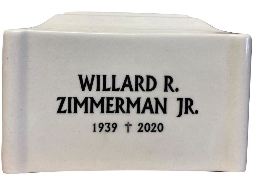White Cremation Urn Vault w/ Photo & Laser Engraved Name Dates & Picture Emblem