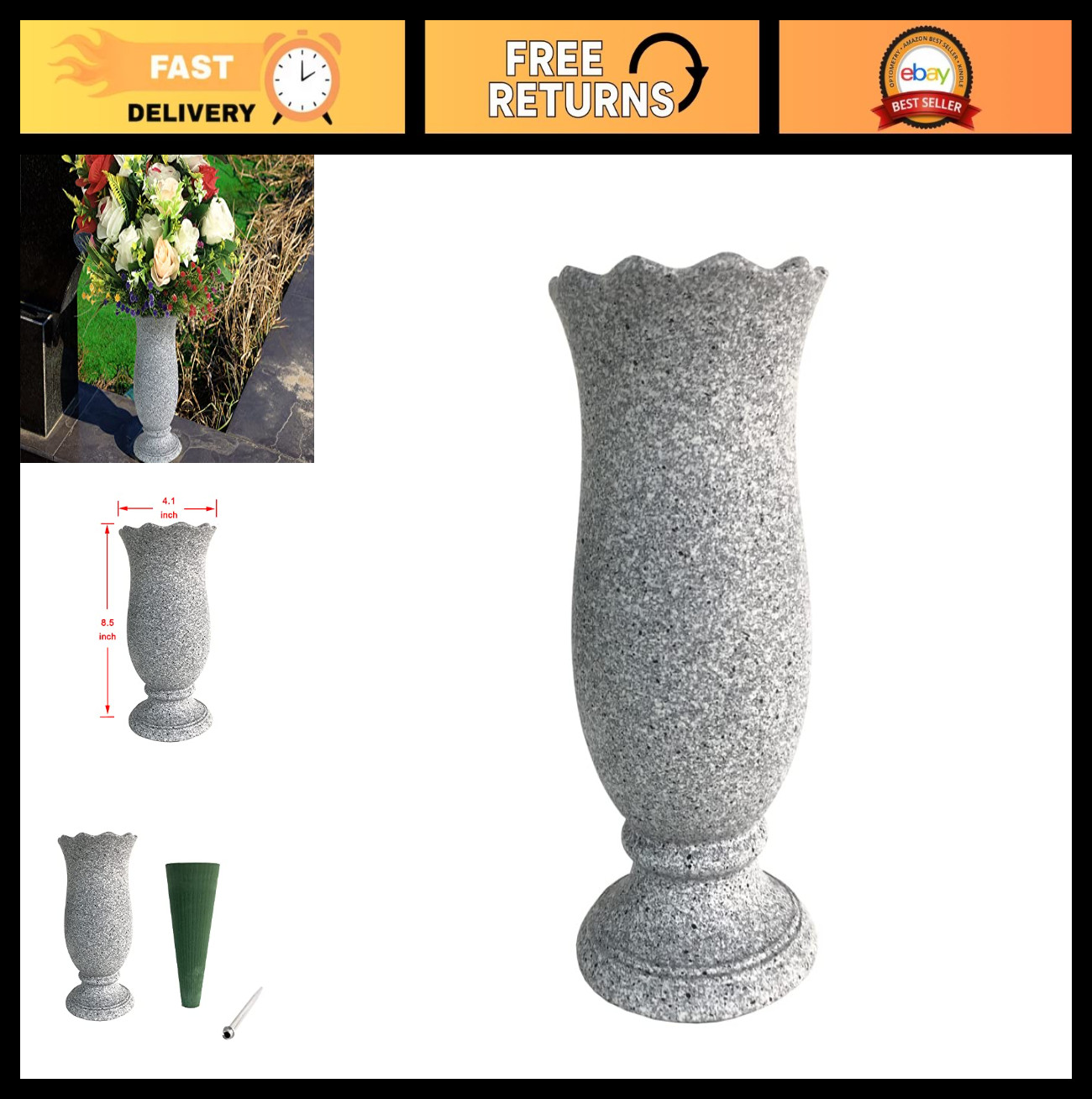 Cemetery Grave Vase Decoration – Marble Color, Ground Spikes & Flower Foam Inclu